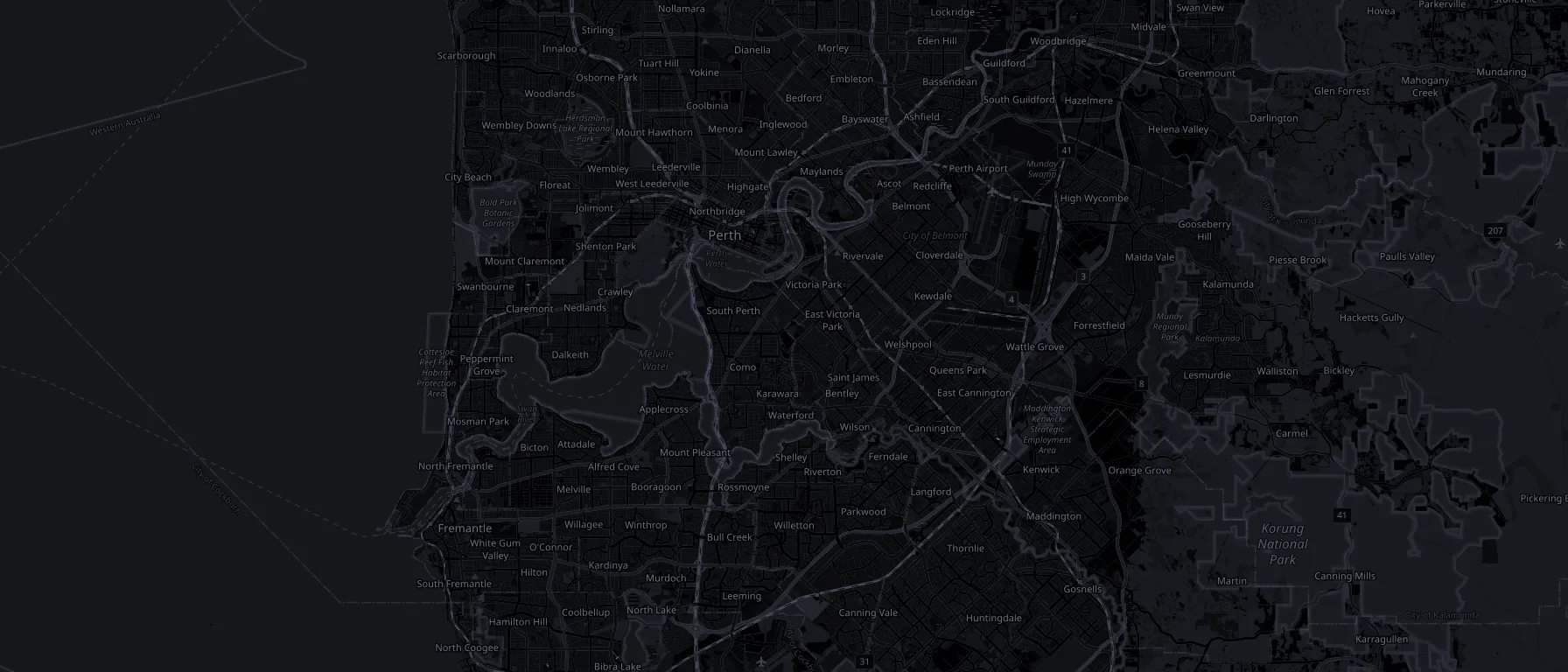 Dark map of Perth, Western Australia