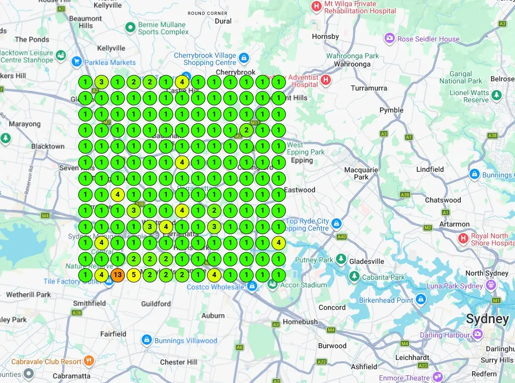 Google Maps ranking heatmap after Syvex SEO, mostly green, top three across the service area
