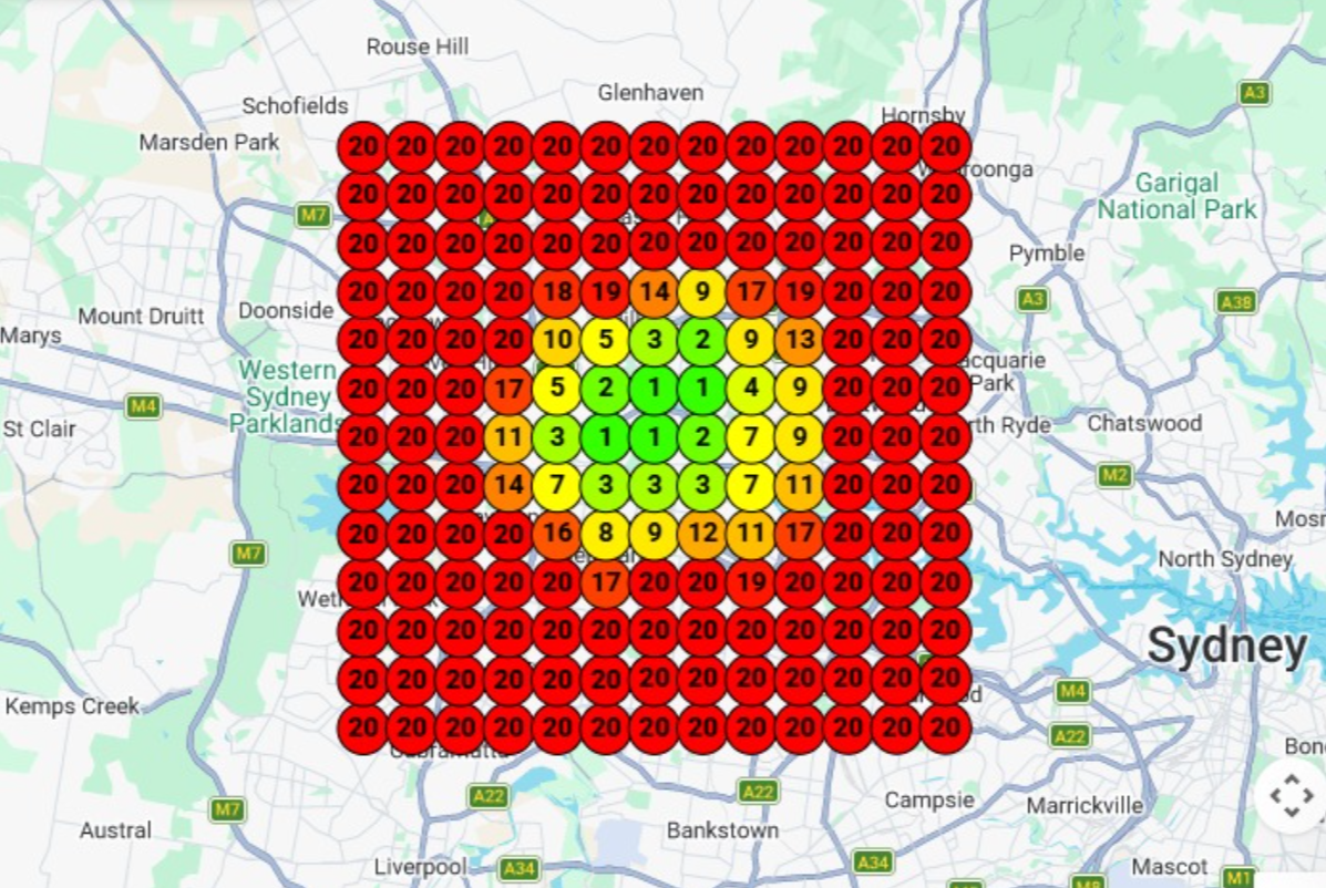 Google Maps ranking heatmap before Syvex SEO, mostly red, ranking outside the top ten across the service area