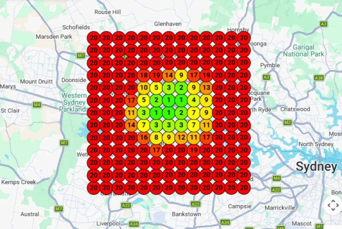 Google Maps ranking heatmap before Syvex SEO, mostly red, ranking outside the top ten across the service area