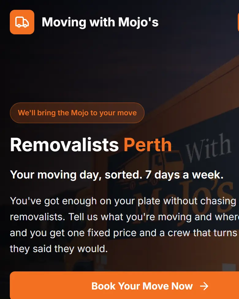 Moving with Mojo's website homepage on a phone
