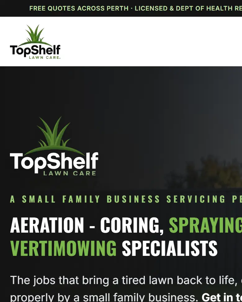 Top Shelf Lawn Care website homepage on a phone