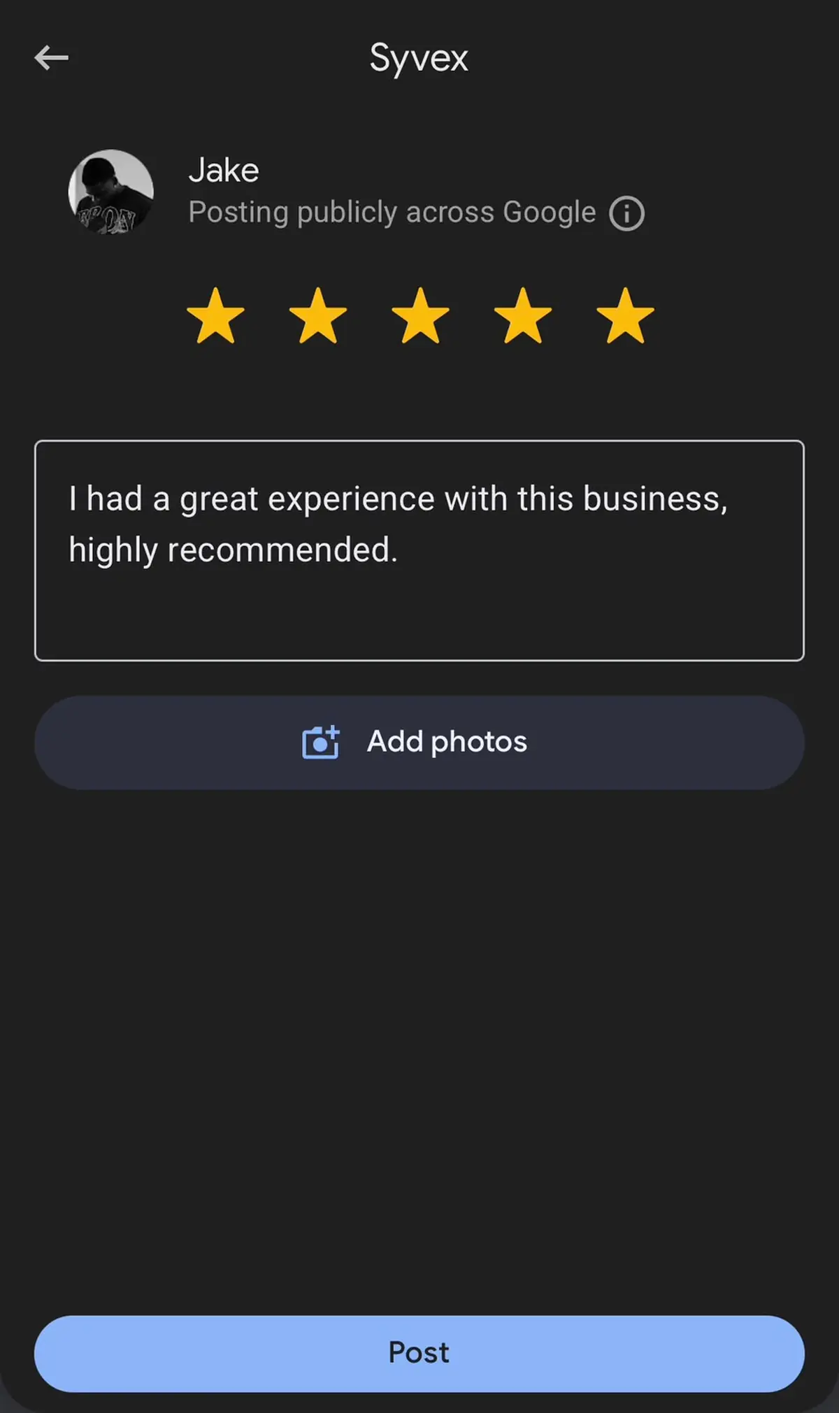 A customer's phone showing the Google review screen for Syvex, opened by tapping the card